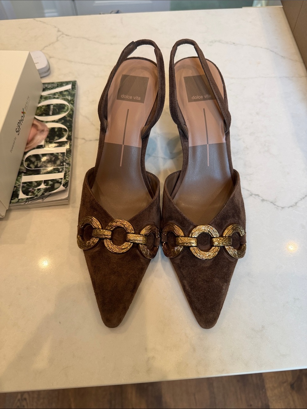 Dolce Vita Brown Suede Pointed Slingback Pumps with Gold Chain 8.5